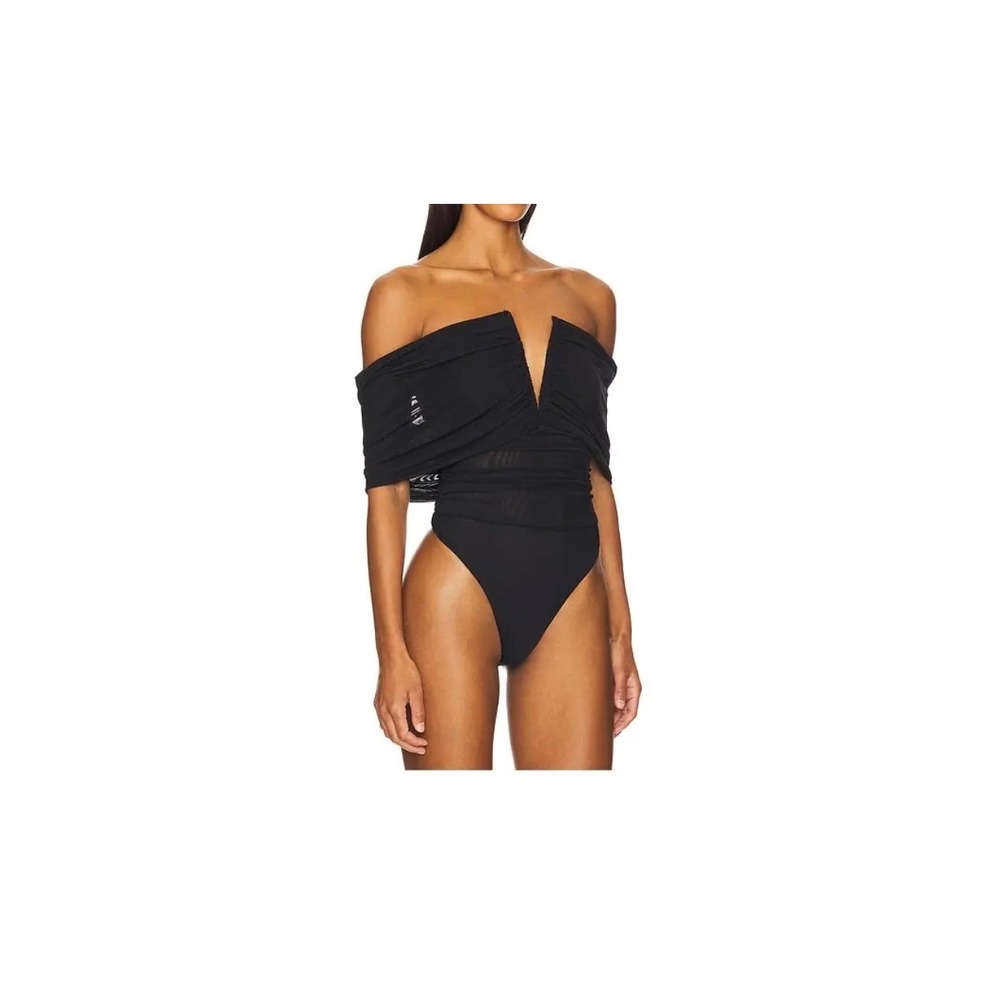 WeWoreWhat Black Ruched Mesh Draped Off The Shoulder Bodysuit Small NWT